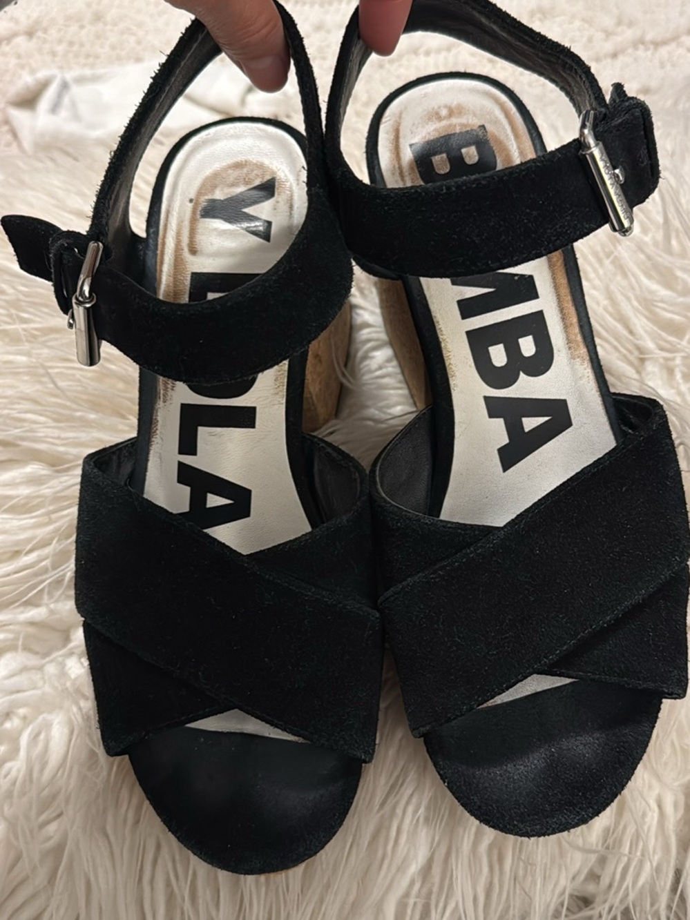 BYBLA Black Suede Crisscross Platform Sandals with Ankle Strap
